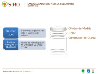AMÉLIA PALLA | GESTORA DE CLIENTES
EMBALAMENTO DOS NOSSOS SUBSTRATOS
NORMA CEN
• Corretivos orgânicos do
solo e suportes de
cultura
EN 12580
2001
• Termo de homologação
Nº 211/2001, de 2001-
07-31
Instituto
Português da
Qualidade
•Cilindro de Medida
•Colar
•Controlador de Queda
 