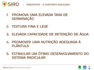 AMÉLIA PALLA | GESTORA DE CLIENTES
1. PROMOVA UMA ELEVADA TAXA DE
GERMINAÇÃO
2. TEXTURA FINA E LEVE
3. ELEVADA CAPACIDADE DE RETENÇÃO DE ÁGUA
4. PROMOVER UMA NUTRIÇÃO ADEQUADA À
PLÂNTULA
5. ESTIMULAR UM ÓTIMO DESENVOLVIMENTO DO
SISTEMA RADICULAR
SEMENTEIRA – O SUBSTRATO ADEQUADO
 