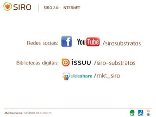 AMÉLIA PALLA | GESTORA DE CLIENTES
SIRO 2.0 - INTERNET
/sirosubstratos
Bibliotecas digitais: /siro-substratos
/mkt_siro
Redes sociais:
 