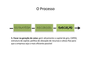 O	
  Processo	
  



     ESTRATÉGIA                           RECURSOS                             EXECUÇÃO



5.	
  Focar	
  na	
  geração	
  de	
  caixa:	
  gerir	
  a@vamente	
  o	
  capital	
  de	
  giro,	
  CAPEX,	
  
estrutura	
  de	
  capital,	
  polí@ca	
  de	
  alocação	
  de	
  recursos	
  e	
  a@vos	
  ﬁxo	
  para	
  
que	
  a	
  empresa	
  seja	
  o	
  mais	
  eﬁciente	
  possível	
  
 