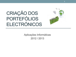 1




CRIAÇÃO DOS
PORTEFÓLIOS
ELECTRÓNICOS

     Aplicações Informáticas
           2012 / 2013
 