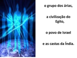 o grupo dos árias,
a civilização do
Egito,
o povo de Israel
e as castas da Índia.
 