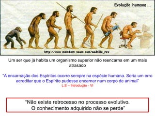 Um ser que já habita um organismo superior não reencarna em um mais
atrasado
“A encarnação dos Espíritos ocorre sempre na espécie humana. Seria um erro
acreditar que o Espírito pudesse encarnar num corpo de animal”
L.E – Introdução - VI
“Não existe retrocesso no processo evolutivo.
O conhecimento adquirido não se perde”
 