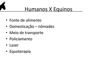 Humanos X Equinos
• Fonte de alimento
• Domesticação – nômades
• Meio de transporte
• Policiamento
• Lazer
• Equoterapia
 