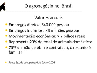 O agronegócio no Brasil
Valores anuais
• Empregos diretos: 640.000 pessoas
• Empregos indiretos: > 3 milhões pessoas
• Movimentação econômica: > 7 bilhões reais
• Representa 20% do total de animais domésticos
• 75% da mão de obra é contratada, o restante é
familiar
• Fonte Estudo do Agronegócio Cavalo 2006
 