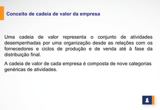 www.stratec.com.br| Tel:+55	
  31	
  3568	
  7260
EXEMPLO DE CADEIA DE VALOR – REDE DE TV
Porter
Distribuir  Programação
Comercializar  Programação
Produzir  Programas
Gerenciar  Programação
Gerenciar  controladoria  e  finanças
Gerenciar  recursos  administrativos
Gerenciar  recursos  humanos
Gerenciar  tecnologia  de  informação
Manter  recursos  de  TV
Realizar  apoio  jurídico
NEGÓCIOAPOIO
 