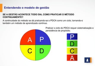 www.stratec.com.br| Tel:+55	
  31	
  3568	
  7260
ENTENDENDO O MODELO DE GESTÃO
Tempo
Resultado
Melhor
Ordem
Estabilidade
Desordem
Mudança
QUE RESULTADOS PODEMOS
ESPERAR QUANDO APLICAMOS O
PDCA?
Resultados estáveis e em constante
melhoria.
COMO PODEMOS TER
ESTABILIDADE E MUDANÇAAO
LONGO DO TEMPO?
Através do balanceamento entre
ordem e desordem.
Ordem e desordem são como as duas rodas de uma bicicleta. É preciso que haja as duas para se obter o
equilíbrio. Um sistema que for só ordem (estabilidade) morre e um que for só desordem (inovação) não
nasce.
 