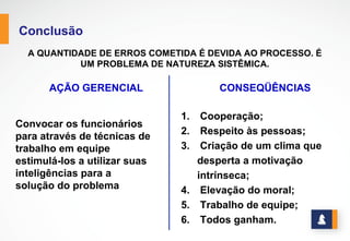 www.stratec.com.br| Tel:+55	
  31	
  3568	
  7260
CONCLUSÃO
A	
  QUANTIDADE	
  DE	
  ERROS	
  COMETIDA	
  É	
  DEVIDA	
  AO	
  PROCESSO.	
  É	
  UM	
  PROBLEMA	
  DE	
  NATUREZA	
  
SISTÊMICA.
AÇÕES GERENCIAIS POSSÍVEISAÇÕES GERENCIAIS POSSÍVEIS
Convocar os funcionários
para através de técnicas de
trabalho em equipe
estimulá-los a utilizar suas
inteligências para a
solução do problema
CONSEQÜÊNCIASCONSEQÜÊNCIAS
1. Cooperação;
2. Respeito às pessoas;
3. Criação de um clima que desperta a
motivação intrínseca;
4. Elevação do moral;
5. Trabalho de equipe;
6. Todos ganham.
 
