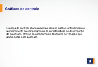 www.stratec.com.br| Tel:+55	
  31	
  3568	
  7260
GRÁFICOS DE CONTROLE
Gráficos de controle são ferramentas úteis na análise, entendimento e monitoramento do
comportamento de características de desempenho de processos, através do conhecimento das
fontes de variação que atuam sobre esse processo.
FRAÇÃO  DE  ITENS
DEFEITUOSOS
1                      2                      3                      4                    5                  6                        7                    8
LIMITE
SUPERIOR  DE
CONTROLE
LINHA  
CENTRAL
LIMITE
INFERIOR  DE
CONTROLE
DIA
Limites de controle para variação proveniente do próprio processo;
Amostras (subgrupos racionais) de características de performance de processo, produto, serviço;
Sinal de alerta para causas especiais de variação no momento que começarem a atuar.
 