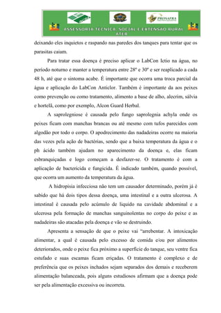 deixando eles inquietos e raspando nas paredes dos tanques para tentar que os
parasitas caiam.
Para tratar essa doença é preciso aplicar o LabCon Ictio na água, no
período noturno e manter a temperatura entre 28º e 30º e ser reaplicado a cada
48 h, até que o sintoma acabe. É importante que ocorra uma troca parcial da
água e aplicação do LabCon Anticlor. Também é importante da aos peixes
como prevenção ou como tratamento, alimento a base de alho, alecrim, sálvia
e hortelã, como por exemplo, Alcon Guard Herbal.
A saprolegniose é causada pelo fungo saprolegnia achyla onde os
peixes ficam com manchas brancas ou até mesmo com tufos parecidos com
algodão por todo o corpo. O apodrecimento das nadadeiras ocorre na maioria
das vezes pela ação de bactérias, sendo que a baixa temperatura da água e o
ph ácido também ajudam no aparecimento da doença e, elas ficam
esbranquiçadas e logo começam a desfazer-se. O tratamento é com a
aplicação de bactericida e fungicida. É indicado também, quando possível,
que ocorra um aumento da temperatura da água.
A hidropisia infecciosa não tem um causador determinado, porém já é
sabido que há dois tipos dessa doença, uma intestinal e a outra ulcerosa. A
intestinal é causada pelo acúmulo de liquido na cavidade abdominal e a
ulcerosa pela formação de manchas sanguinolentas no corpo do peixe e as
nadadeiras são atacadas pela doença e vão se destruindo.
Apresenta a sensação de que o peixe vai “arrebentar. A intoxicação
alimentar, a qual é causada pelo excesso de comida e/ou por alimentos
deteriorados, onde o peixe fica próximo a superfície do tanque, seu ventre fica
estufado e suas escamas ficam eriçadas. O tratamento é complexo e de
preferência que os peixes inchados sejam separados dos demais e receberem
alimentação balanceada, pois alguns estudiosos afirmam que a doença pode
ser pela alimentação excessiva ou incorreta.
 