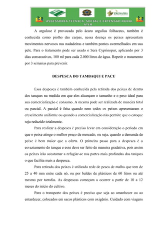 A argulose é provocada pelo ácaro argulius folhaceus, também é
conhecida como piolho das carpas, nessa doença os peixes apresentam
movimentos nervosos nas nadadeiras e também pontos avermelhados em sua
pele. Para o tratamento pode ser usado o Sera Cyprinopur, aplicando por 3
dias consecutivos, 100 ml para cada 2.000 litros de água. Repetir o tratamento
por 3 semanas para prevenir.
DESPESCA DO TAMBAQUI E PACU
Essa despesca é também conhecida pela retirada dos peixes de dentro
dos tanques na medida em que eles alcançam o tamanho e o peso ideal para
sua comercialização e consumo. A mesma pode ser realizada de maneira total
ou parcial. A parcial é feita quando nem todos os peixes apresentaram o
crescimento uniforme ou quando a comercialização não permite que o estoque
seja reduzido totalmente.
Para realizar a despesca é preciso levar em consideração o período em
que o peixe atinge o melhor preço de mercado, ou seja, quando a demanda de
peixe é bem maior que a oferta. O primeiro passo para a despesca é o
esvaziamento do tanque e esse deve ser feito de maneira gradativa, pois assim
os peixes irão acostumar a refugiar-se nas partes mais profundas dos tanques
o que facilita mais a despesca.
Para retirada dos peixes é utilizado rede de pesca de malha que tem de
25 a 40 mm entre cada nó, ou por baldes de plásticos de 60 litros ou até
mesmo por tarrafas. As despescas começam a ocorrer a partir de 10 a 12
meses do início do cultivo.
Para o transporte dos peixes é preciso que seja ao amanhecer ou ao
entardecer, colocados em sacos plásticos com oxigênio. Cuidado com viagens
 