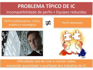 PROBLEMA TÍPICO DE IC
 Incompatibilidade de perfis + Equipes reduzidas

Perfil multidisciplinar, crítico,
                ...
