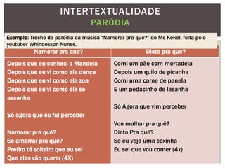 Namorar pra que? Dieta pra que?
Depois que eu conheci o Mandela
Depois que eu vi como ela dança
Depois que eu vi como ela zoa
Depois que eu vi como ela se
assanha
Só agora que eu fui perceber
Namorar pra quê?
Se amarrar pra quê?
Prefiro tá solteiro que eu sei
Que elas vão querer (4X)
Comi um pão com mortadela
Depois um quilo de picanha
Comi uma carne de panela
E um pedacinho de lasanha
Só Agora que vim perceber
Vou malhar pra quê?
Dieta Pra quê?
Se eu vejo uma coxinha
Eu sei que vou comer (4x)
INTERTEXTUALIDADE
PARÓDIA
Exemplo: Trecho da paródia da música “Namorar pra que?” do Mc Kekel, feita pelo
youtuber Whindesson Nunes.
 