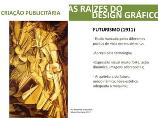AS RAÍZES DOCRIAÇÃO PUBLICITÁRIA
DESIGN GRÁFICO
FUTURISMO (1911)
- Estilo marcado pelos diferentes
pontos de vista em movimento;
-Apreço pela tecnologia;
-Expressão visual muito forte, ação
dinâmica, imagens sobrepostas;
- Arquitetura do futuro,
aerodinâmica, nova estética
adequada à máquina;
Nu descendo as escadas.
Marcel Duchanp, 1912
 
