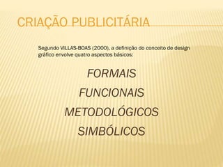 Segundo VILLAS-BOAS (2000), a definição do conceito de design
gráfico envolve quatro aspectos básicos:
CRIAÇÃO PUBLICITÁRIA
FORMAIS
FUNCIONAIS
METODOLÓGICOS
SIMBÓLICOS
 