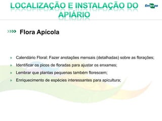 Flora Apícola


» Calendário Floral: Fazer anotações mensais (detalhadas) sobre as florações;
» Identificar os picos de floradas para ajustar os enxames;
» Lembrar que plantas pequenas também florescem;
» Enriquecimento de espécies interessantes para apicultura;
 