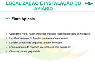 Flora Apícola


» Calendário Floral: Fazer anotações mensais (detalhadas) sobre as florações;
» Identificar os picos de floradas para ajustar os enxames;
» Lembrar que plantas pequenas também florescem;
» Enriquecimento de espécies interessantes para apicultura;
» Observar plantas prejudiciais
 