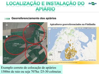 Georreferenciamento dos apiários

                                  Apicultores georreferenciados na Finlândia




Exemplo correto de colocação de apiários
1500m de raio ou seja 707ha /25-30 colmeias
 