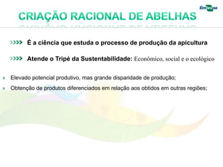 É a ciência que estuda o processo de produção da apicultura

         Atende o Tripé da Sustentabilidade: Econômico, social e o ecológico


» Elevado potencial produtivo, mas grande disparidade de produção;
» Obtenção de produtos diferenciados em relação aos obtidos em outras regiões;
 
