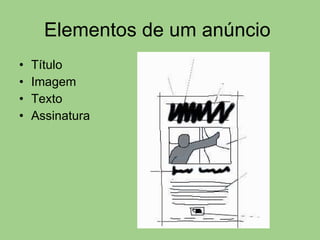 Elementos de um anúncio  Título Imagem Texto Assinatura 