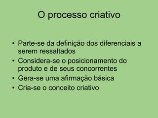 O processo criativo Parte-se da definição dos diferenciais a serem ressaltados Considera-se o posicionamento do produto e de seus concorrentes Gera-se uma afirmação básica Cria-se o conceito criativo 
