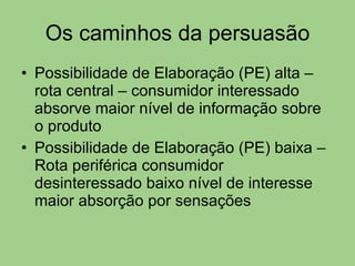 Os caminhos da persuasão Possibilidade de Elaboração (PE) alta – rota central – consumidor interessado absorve maior nível de informação sobre o produto Possibilidade de Elaboração (PE) baixa – Rota periférica consumidor desinteressado baixo nível de interesse maior absorção por sensações 