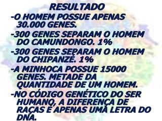 RESULTADO
-O HOMEM POSSUE APENAS
30.000 GENES.
-300 GENES SEPARAM O HOMEM
DO CAMUNDONGO. 1%
-300 GENES SEPARAM O HOMEM
DO CHIPANZÉ. 1%
-A MINHOCA POSSUE 15000
GENES. METADE DA
QUANTIDADE DE UM HOMEM.
-NO CÓDIGO GENÉTICO DO SER
HUMANO, A DIFERENÇA DE
RAÇAS É APENAS UMA LETRA DO
DNA.
 