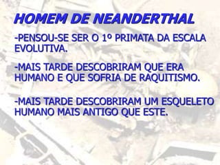 HOMEM DE NEANDERTHAL
-PENSOU-SE SER O 1º PRIMATA DA ESCALA
EVOLUTIVA.
-MAIS TARDE DESCOBRIRAM QUE ERA
HUMANO E QUE SOFRIA DE RAQUITISMO.
-MAIS TARDE DESCOBRIRAM UM ESQUELETO
HUMANO MAIS ANTIGO QUE ESTE.
 
