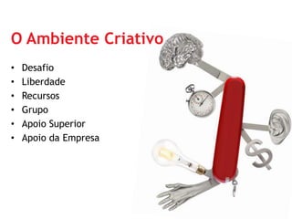 O Ambiente Criativo
•   Desafio
•   Liberdade
•   Recursos
•   Grupo
•   Apoio Superior
•   Apoio da Empresa
 