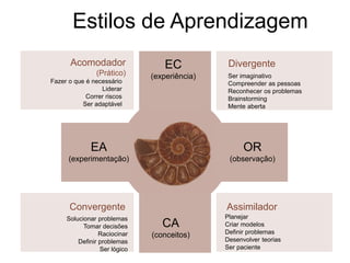 Estilos de Aprendizagem
      Acomodador                  EC           Divergente
                (Prático)     (experiência)    Ser imaginativo
Fazer o que é necessário                       Compreender as pessoas
                 Liderar                       Reconhecer os problemas
            Correr riscos                      Brainstorming
           Ser adaptável                       Mente aberta




              EA                                    OR
      (experimentação)                         (observação)




      Convergente                             Assimilador
     Solucionar problemas                     Planejar
           Tomar decisões        CA           Criar modelos
                 Raciocinar                   Definir problemas
                              (conceitos)
         Definir problemas                    Desenvolver teorias
                 Ser lógico                   Ser paciente
 