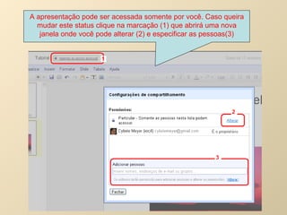 A apresentação pode ser acessada somente por você. Caso queira mudar este status clique na marcação (1) que abrirá uma nova janela onde você pode alterar (2) e especificar as pessoas(3) 