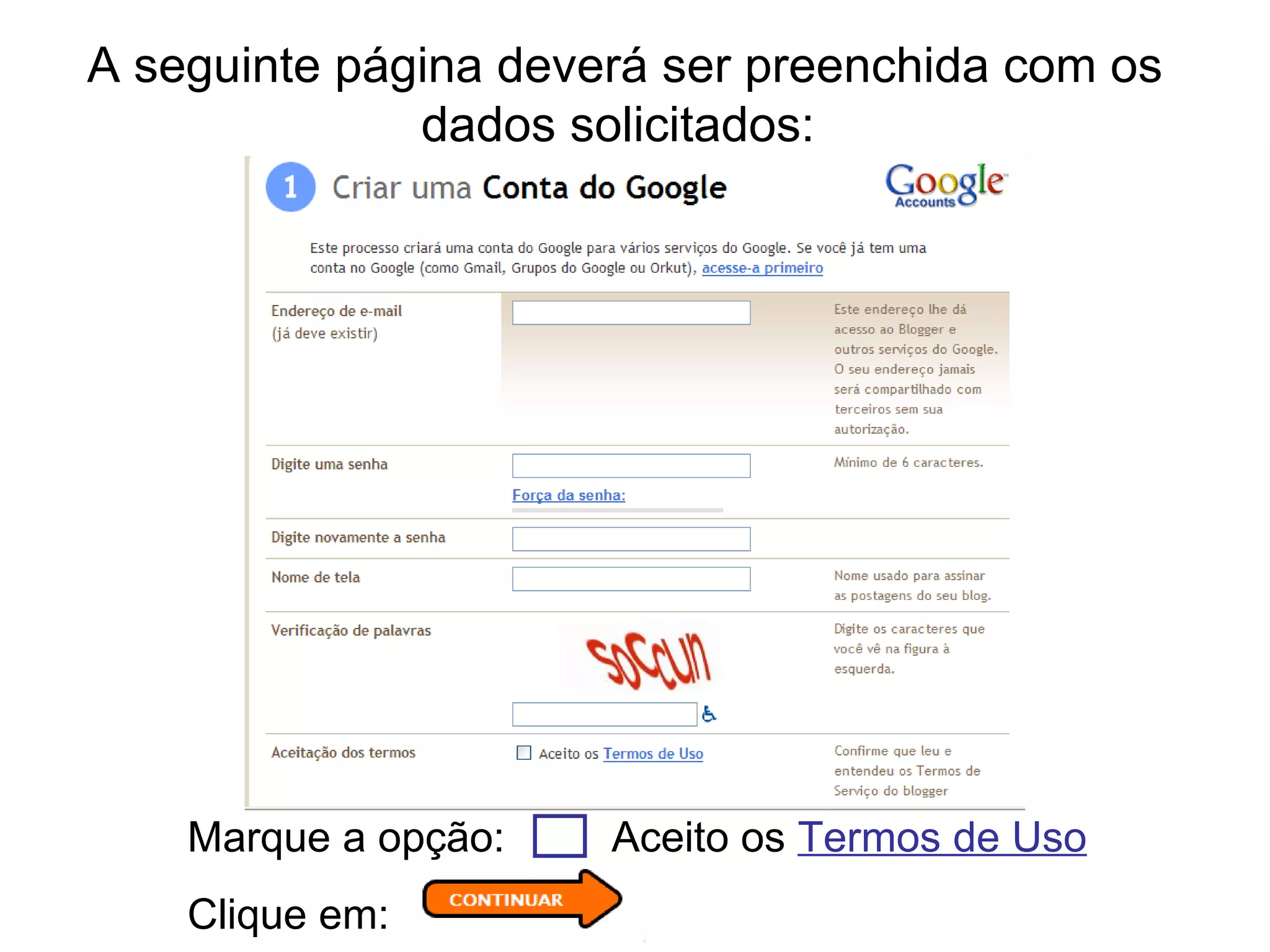 A seguinte página deverá ser preenchida com os dados solicitados: Marque a opção: Aceito os Termos de Uso Clique em: