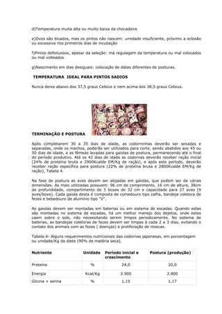 d)Temperatura muita alta ou muito baixa da chocadeira
e)Ovos são bicados, mas os pintos não nascem: umidade insuficiente, próximo a eclosão
ou excessiva nos primeiros dias de incubação
f)Pintos defeituosos, apesar da seleção: má regulagem da temperatura ou mal colocados
ou mal volteados
g)Nascimento em dias desiguais: colocação de datas diferentes de posturas.
TEMPERATURA IDEAL PARA PINTOS SADIOS
Nunca deixe abaixo dos 37,5 graus Celsius e nem acima dos 38,5 graus Celsius.
TERMINAÇÃO E POSTURA
Após completarem 30 a 35 dias de idade, as codorninhas deverão ser sexadas e
separadas, onde os machos, poderão ser utilizados para corte, sendo abatidos aos 45 ou
50 dias de idade, e as fêmeas levadas para gaiolas de postura, permanecendo até o final
do período produtivo. Até os 42 dias de idade as codornas deverão receber ração inicial
(24% de proteína bruta e 2900Kcalde EM/Kg de ração), e após este período, deverão
receber ração específica para postura (22% de proteína bruta e 2800Kcalde EM/Kg de
ração), Tabela 4.
Na fase de postura as aves devem ser alojadas em gaiolas, que podem ser de várias
dimensões. As mais utilizadas possuem: 96 cm de comprimento, 16 cm de altura, 38cm
de profundidade, compartimento de 3 boxes de 32 cm e capacidade para 27 aves (9
aves/boxe). Cada gaiola desta é composta de comedouro tipo calha, bandeja coletora de
fezes e bebedouro de alumínio tipo "V".
As gaiolas devem ser montadas em baterias ou em sistema de escadas. Quando estas
são montadas no sistema de escadas, há um melhor manejo dos dejetos, onde estes
caem sobre o solo, não necessitando serem limpos periodicamente. No sistema de
baterias, as bandejas coletoras de fezes devem ser limpas à cada 2 a 3 dias, evitando o
contato dos animais com as fezes ( doenças) e proliferação de moscas.
Tabela.4- Alguns requerimentos nutricionais das codornas japonesas, em porcentagem
ou unidade/Kg da dieta (90% de matéria seca).
Nutriente Unidade Período inicial e
crescimento
Postura (produção)
Proteína % 24,0 20,0
Energia Kcal/Kg 2.900 2.800
Glicina + serina % 1,15 1,17
 