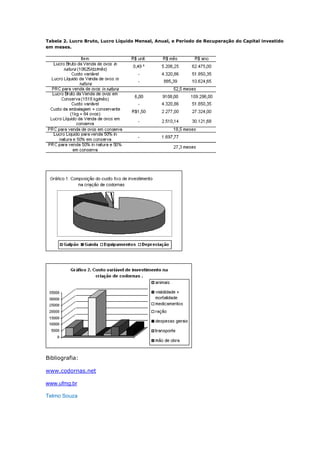 Tabela 2. Lucro Bruto, Lucro Líquido Mensal, Anual, e Período de Recuperação do Capital investido
em meses.
Bibliografia:
www.codornas.net
www.ufmg.br
Telmo Souza
 