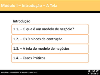 MóduloMódulo I – Introdução – A Tela
      I – Introdução – A Tela


                Introdução

                1.1. – O que é um modelo de negócio?

                1.2. – Os 9 blocos de contrução

                1.3. – A tela do modelo de negócios

                1.4. – Casos Práticos


Workshop – Criar Modelos de Negócio | Lisboa 2013 |
 