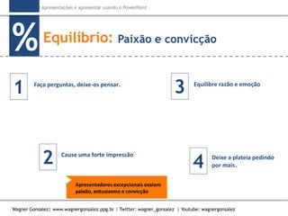 Como criar Apresentações e apresentar usando o PowerPoint
Wagner Gonsalez| www.wagnergonsalez.ppg.br | Twitter: wagner_gonsalez | Youtube: wagnergonsalez
Apresentadores excepcionais exalam
paixão, entusiasmo e convicção
Equilíbrio:
%
Faça perguntas, deixe-os pensar.
Cause uma forte impressão
Equilibre razão e emoção
Deixe a plateia pedindo
por mais.
Paixão e convicção
1
2
3
4
 