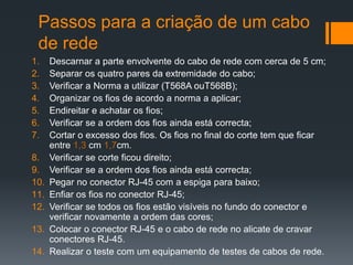 Passos para a criação de um cabo de redeDescarnar a parte envolvente do cabo de rede com cerca de 5 cm;Separar os quatro pares da extremidade do cabo;Verificar a Norma a utilizar (T568A ouT568B);Organizar os fios de acordo a norma a aplicar;Endireitar e achatar os fios;Verificar se a ordem dos fios ainda está correcta;Cortar o excesso dos fios. Os fios no final do corte tem que ficar entre 1,3 cm 1,7cm.Verificar se corte ficou direito;Verificar se a ordem dos fios ainda está correcta;Pegar no conector RJ-45 com a espiga para baixo;Enfiar os fios no conector RJ-45;Verificar se todos os fios estão visíveis no fundo do conector e verificar novamente a ordem das cores;Colocar o conector RJ-45 e o cabo de rede no alicate de cravar conectores RJ-45.Realizar o teste com um equipamento de testes de cabos de rede.