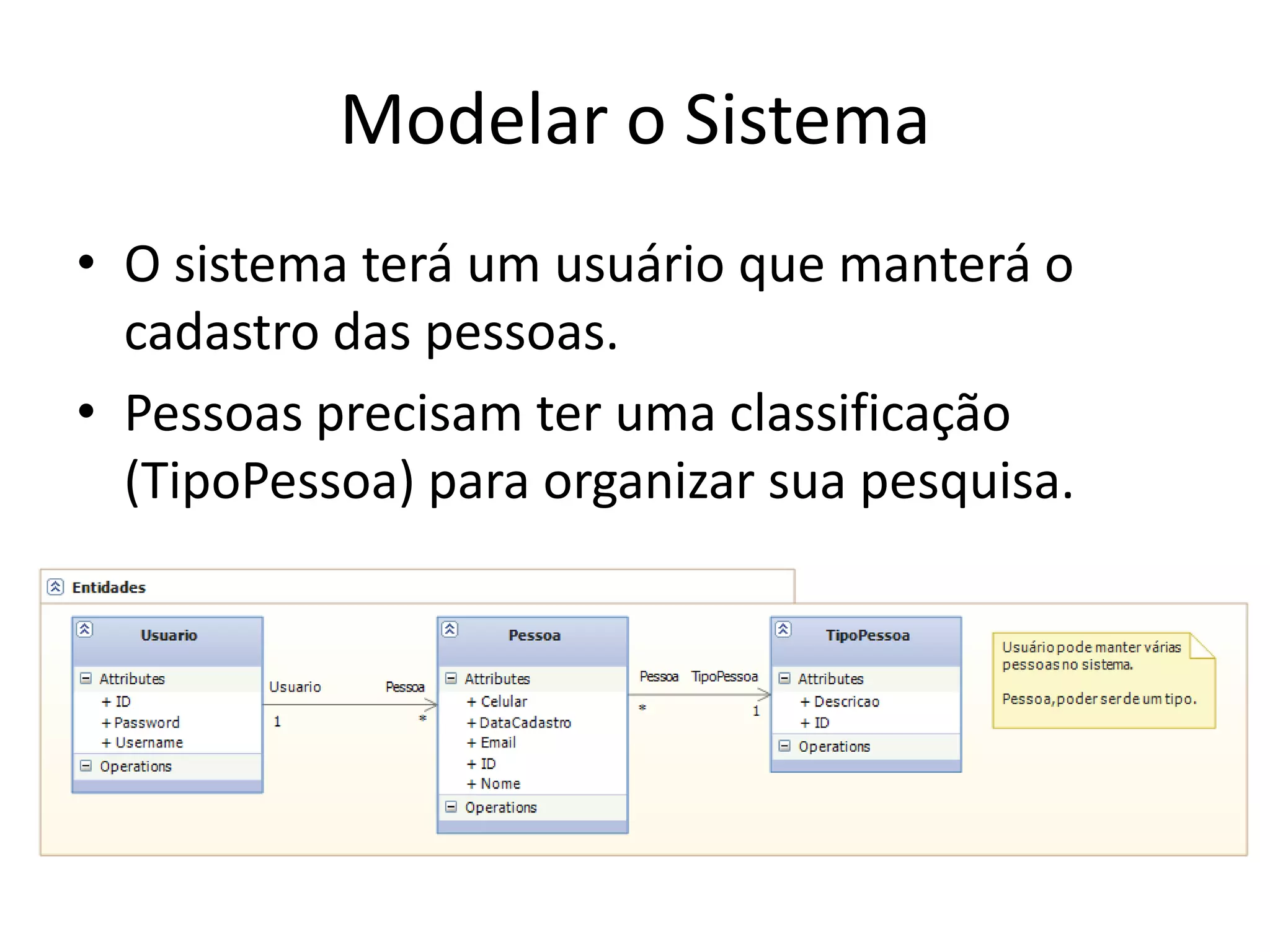 Modelar o Sistema
• O sistema terá um usuário que manterá o
cadastro das pessoas.
• Pessoas precisam ter uma classificação
(TipoPessoa) para organizar sua pesquisa.