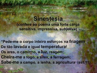 Sinestesia
        (confere ao poema uma forte carga
          sensitiva, impressiva, subjetiva)


“Pede-me o corpo inteiro esforços na friagem
De tão lavada e igual temperatura!
Os ares, o caminho, a luz, reagem;
Cheira-me a fogo, a sílex, a ferragem;
Sabe-me a campo, a lenha, a agricultura” (est.11)
 