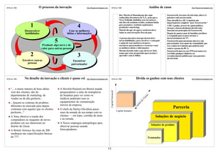 ©VSLins 1995                O processo da inovação                     http://SergioLins.blogspot.com        ©VSLins 1995                                         Análise de casos                        http://SergioLins.blogspot.com



                                                                                                                                Roy Martin of Dunedin,um dos mais               Farnsworth, inventor da televisão, obteve 6
                                                                                                                                conhecidos inventores da N.Z., acha que a       patentes com sua invenção.
                                                                                                                                Nova Zelândia imobiliza seus inventores,        Para desafiá-lo a RCA montou um
                                                                                                                                não lhes dá nenhum crédito, nenhum fundo        departamento completo "pare Farnsworth."
                     1                                         4                                                                para pesquisa e nenhum capital para
                                                                                                                                produção e marketing.
                                                                                                                                                                                A RCA podia, através de apoio político,
                                                                                                                                                                                atrasar o desenvolvimento da televisão
                Desenvolver                             Usar as melhores                                                        Martin diz que ele agora vai desenvolver        baseada nos princípios do Farnsworth.
                habilidades                           idéias e informações                                                      todas as suas invenções fora do país.           Depois de quatro anos de batalhas jurídicas
                                                                                                                                                                                e a segunda guerra para atrasar o
                                                                                                                                A pessoa inovativa tem que desenvolver          desenvolvimento da TV.
                                            5                                                                                   novas habilidades, para envolver e conseguir
                                                                                                                                o apoio de seus mentores ou pares,
                                                                                                                                                                                Farnsworth aparentemente não teve um
                                                                                                                                                                                patrocinador nem apoio da comunidade que
                               Produzir algo novo e de                                                                          encontrar patrocinadores e recursos e usar      era o única ferramenta que poderia usar
                              valor para outras pessoas                                                                         as melhores idéias e informações.               contra a grana da RCA.
                                                                                                                                Mesmo fazendo tudo o que devia ser feito        Farnsworth morreu em 1970 sem nunca ter
                     2                                         3
                                                                                                                                temos que estar preparados para aceitar e
                                                                                                                                aprender com as falhas.
                                                                                                                                                                                recebido qualquer dinheiro ou
                                                                                                                                                                                reconhecimento público por suas patentes
                                                                                                                                                                                da televisão.
               Envolver outras                            Encontrar
                  pessoas                                patrocinador




©VSLins 1995    No desafio da inovação o cliente é quase rei           http://SergioLins.blogspot.com        ©VSLins 1995                         Divida os ganhos com seus clientes                      http://SergioLins.blogspot.com




    "... o maior número de boas idéias          A Hewlett-Packard em Bristol manda




                                                                                                         Capital Estrutural
    vem dos clientes, não do                    pesquisadores a salas de emergência
    departamento de marketing, de               de hospitais para ver como os




                                                                                                                                                             e
                                                                                                                                                            nt
                                                                                                                                                           lie
    vendas ou da alta gerência...               médicos poderiam usar os




                                                                                                                                                       eC
                                                equipamentos de comunicação




                                                                                                                                                      ld
    ...lançam-se centenas de produtos




                                                                                                                                                    ta
                                                móveis da empresa.




                                                                                                                                                  pi
    diferentes no mercado para depois
                                                                                                                                                                                           Parceria




                                                                                                                                                Ca
    continuar com aqueles que os clientes       O chefe da Harley-Davidson passa
                                                                                                                              Capital humano




                                                                                                                                                                                         iente
    preferem..."                                mais da metade de seu tempo com os
    A Sony observa a reação dos                 clientes — em lojas, corridas de moto                                                                                  Soluções de negócio




                                                                                                                                                                                  l do cl
    compradores às maquetes de novos            e na estrada.




                                                                                                                                                                                Capita
    produtos em seu showroom no                 A Xerox empregou antropólogos para
                                                                                                                                                                   Soluções de produto
    distrito de Ginza.                          observar pessoas usando
    A British Airways fez mais de 200           fotocopiadoras.
    mudanças nas especificações básicas
    do 777.                                                                                                                                                      Transações



                                                                                                        11
 