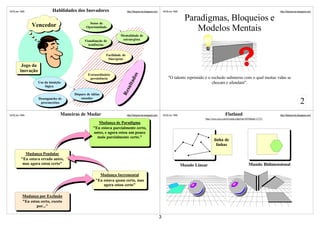 ©VSLins 1995                Habilidades dos Inovadores                    http://SergioLins.blogspot.com       ©VSLins 1995                                                                     http://SergioLins.blogspot.com




                                               Senso de
                                                                                                                               Paradigmas, Bloqueios e
               Vencedor                      Oportunidade
                                                                                                                                  Modelos Mentais
                                                                   Mentalidade de
                                            Visualização de         estrategista
                                              tendências


                                                          Facilidade de
                                                           Sinergizar

         Jogo da
        inovação




                                                                               os
                                               Extraordinária
                                                persistência                                                       "O talento reprimido é o rochedo submerso com o qual muitas vidas se




                                                                            ad
                   Uso da intuição                                                                                                          chocam e afundam".




                                                                              t
                                                                          sul
                       lógica




                                                                    Re
                                      Disparo de idéias
                   Desengancho de         ousadas
                    preconceitos                                                                                                                                                                                   2
©VSLins 1995                     Maneiras de Mudar                        http://SergioLins.blogspot.com       ©VSLins 1995                               Flatland                              http://SergioLins.blogspot.com
                                                                                                                                         http://www.syxt.com.br/topico.php?cid=6939&tid=17371
                                                     Mudança de Paradigma
                                                  "Eu estava parcialmente certo,
                                                  antes, e agora estou um pouco
                                                    mais parcialmente certo."
                                                                                                                                                linha de
                                                                                                                                                  linhas

           Mudança Pendular
         "Eu estava errado antes,
          mas agora estou certo"                                                                                              Mundo Linear                                      Mundo Bidimensional

                                                      Mudança Incremental
                                                    "Eu estava quase certo, mas
                                                        agora estou certo"

          Mudança por Exclusão
          "Eu estou certo, exceto
                  por..."

                                                                                                           3
 