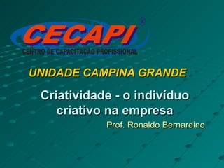 UNIDADE CAMPINA GRANDE Criatividade - o indivíduo criativo na empresa Prof. Ronaldo Bernardino 