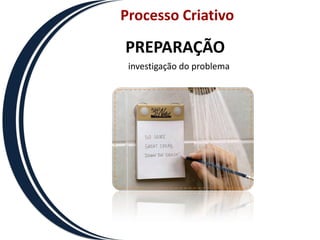 Processo Criativo

PREPARAÇÃO
 investigação do problema
 