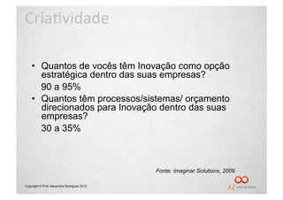 Cria%vidade	
  

    •  Quantos de vocês têm Inovação como opção
       estratégica dentro das suas empresas?
       90 a 95%
    •  Quantos têm processos/sistemas/ orçamento
       direcionados para Inovação dentro das suas
       empresas?
       30 a 35%



                                             Fonte: Imaginar Solutions, 2009

Copyright © Prof. Alexandre Rodriguez 2012
 