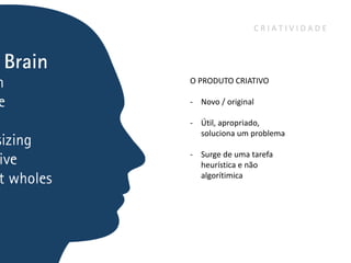 CRIATIVIDADE




O PRODUTO CRIATIVO

- Novo / original

- Útil, apropriado,
  soluciona um problema

- Surge de uma tarefa
  heurística e não
  algorítimica
 