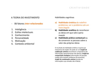 CRIATIVIDADE



A TEORIA DO INVESTIMENTO          Habilidades cognitivas

                                  a) Habilidade sintética de redefinir
- 06 fatores inter-relacionados
                                     problemas; ver o problema sob um
                                     novo ângulo
1.   Inteligência                 b) Habilidade analítica de reconhecer
2.   Estilos intelectuais            as ideias em que vale à pena
3.   Conhecimento                    investir
4.   Personalidade                c) Habilidade prático-contextual ou
5.   Motivação                       de convencer as pessoas sobre o
6.   Contexto ambiental              valor das próprias ideias

                                  O resultado da habilidade sintética é aquilo que
                                  chamamos de insight. Ele pode ser um insight de
                                  codificação seletiva (reconhecer a importância de
                                  informações aparentemente não-óbvias); insight de
                                  comparação analógica (informações do passado
                                  usadas para resolver problemas do presente);
                                  insight de combinação seletiva (junção de
                                  informações cuja conexão não é óbvia).
 
