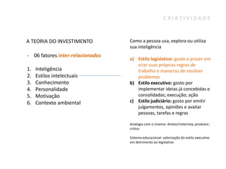 CRIATIVIDADE



A TEORIA DO INVESTIMENTO          Como a pessoa usa, explora ou utiliza
                                  sua inteligência
- 06 fatores inter-relacionados
                                  a) Estilo legislativo: gosto e prazer em
                                     criar suas próprias regras de
1.   Inteligência                    trabalho e maneiras de resolver
2.   Estilos intelectuais            problemas
3.   Conhecimento                 b) Estilo executivo: gosto por
4.   Personalidade                   implementar ideias já concebidas e
5.   Motivação                       consolidadas; execução; ação
6.   Contexto ambiental           c) Estilo judiciário: gosto por emitir
                                     julgamentos, opiniões e avaliar
                                     pessoas, tarefas e regras

                                  Analogia com o cinema: diretor/roteirista; produtor;
                                  crítico

                                  Sistema educacional: valorização do estilo executivo
                                  em detrimento ao legislativo
 