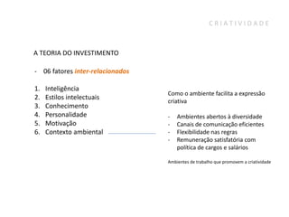 CRIATIVIDADE



A TEORIA DO INVESTIMENTO

- 06 fatores inter-relacionados

1.   Inteligência
                                  Como o ambiente facilita a expressão
2.   Estilos intelectuais
                                  criativa
3.   Conhecimento
4.   Personalidade                -   Ambientes abertos à diversidade
5.   Motivação                    -   Canais de comunicação eficientes
6.   Contexto ambiental           -   Flexibilidade nas regras
                                  -   Remuneração satisfatória com
                                      política de cargos e salários

                                  Ambientes de trabalho que promovem a criatividade
 