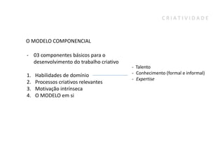 CRIATIVIDADE



O MODELO COMPONENCIAL

- 03 componentes básicos para o
  desenvolvimento do trabalho criativo
                                         - Talento
1.   Habilidades de domínio              - Conhecimento (formal e informal)
                                         - Expertise
2.   Processos criativos relevantes
3.   Motivação intrínseca
4.   O MODELO em si
 