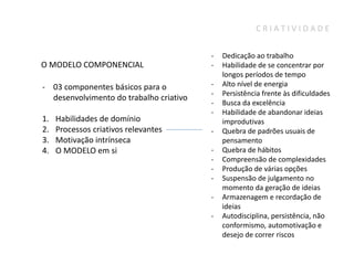 CRIATIVIDADE


                                         -   Dedicação ao trabalho
O MODELO COMPONENCIAL                    -   Habilidade de se concentrar por
                                             longos períodos de tempo
- 03 componentes básicos para o          -   Alto nível de energia
                                         -   Persistência frente às dificuldades
  desenvolvimento do trabalho criativo
                                         -   Busca da excelência
                                         -   Habilidade de abandonar ideias
1.   Habilidades de domínio                  improdutivas
2.   Processos criativos relevantes      -   Quebra de padrões usuais de
3.   Motivação intrínseca                    pensamento
4.   O MODELO em si                      -   Quebra de hábitos
                                         -   Compreensão de complexidades
                                         -   Produção de várias opções
                                         -   Suspensão de julgamento no
                                             momento da geração de ideias
                                         -   Armazenagem e recordação de
                                             ideias
                                         -   Autodisciplina, persistência, não
                                             conformismo, automotivação e
                                             desejo de correr riscos
 